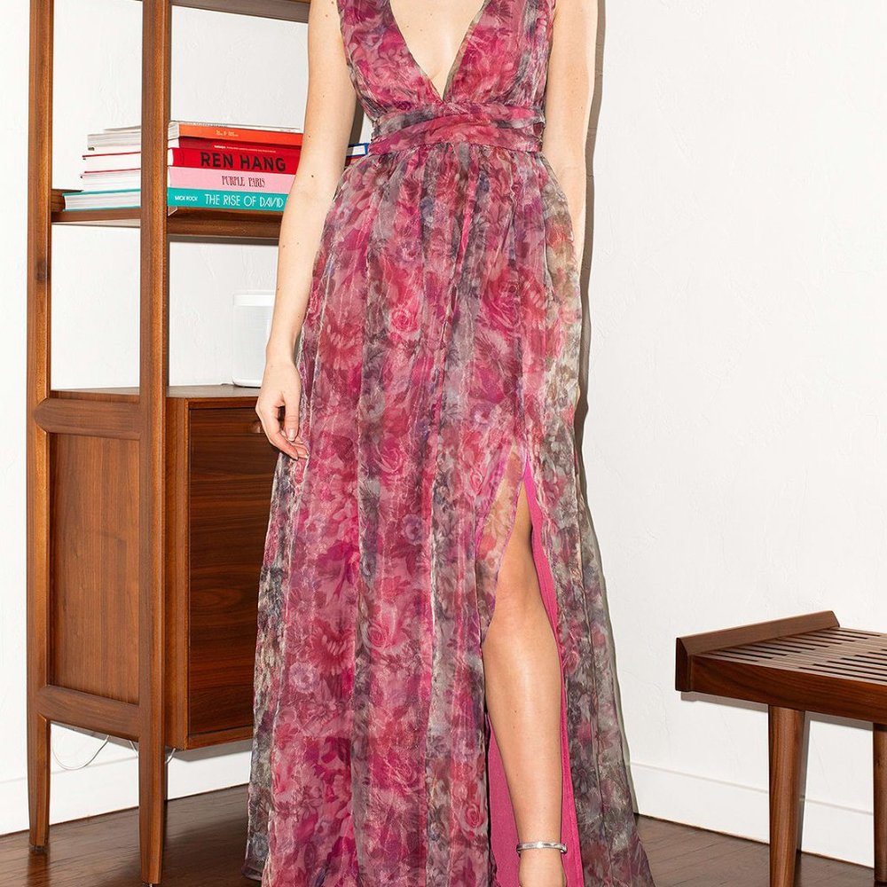 Garden Romance Magenta Floral Print Organza Maxi Dress